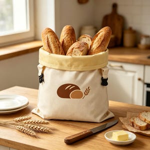 May include: A cream-colored fabric bread bag with a yellow interior lining and black side buckles. The front features a brown graphic of a loaf of bread and a wheat stalk. The bag is filled with several crusty baguettes and bread slices.