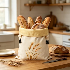 May include: A cream-colored canvas bread bag featuring a printed illustration of golden wheat stalks. The bag has a light yellow interior lining, a wide opening, and black plastic side buckles. It is filled with several crusty artisan loaves.