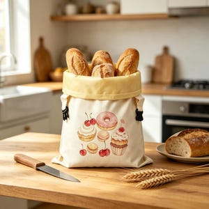 Customized patterns,Dual‑Sided Printed Linen Bread Bag with Removable Beeswax Liner, 43×33cm, Pastry Donut Print, Reusable Zero Waste
