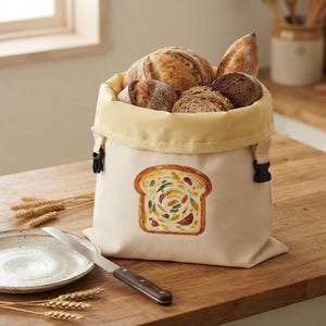 Puede incluir: Una bolsa de pan de lona color crema con forro interior amarillo claro y hebillas laterales negras. El frente presenta una colorida ilustración de una rebanada de pan con ingredientes vegetales. La bolsa está llena de varios panes artesanales.