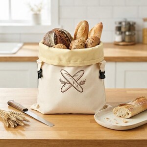 May include: A cream-colored canvas bread bag with a rolled top edge and black side buckles. The front features a brown embroidered graphic of two crossed baguettes with wheat stalks. The bag is filled with various loaves of crusty artisan bread.