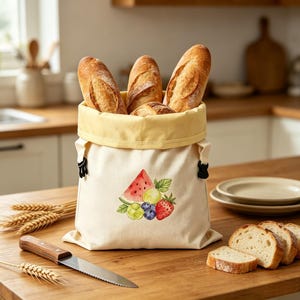 Customized patterns,Linen Bread Bag with Removable Beeswax Liner, Watercolor Summer Fruit Print, Reusable Sourdough Bread Storage Bag43×33cm