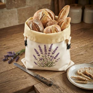 Diseños personalizados, bolsa de pan de lino color lavanda bordada, recipiente para masa madre con forro de cera de abeja (cero residuos).