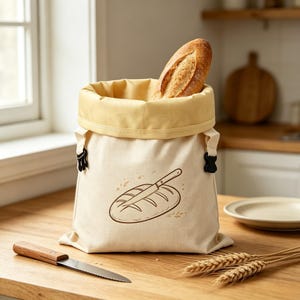 Peut inclure: Un sac à pain en tissu couleur crème avec une doublure intérieure jaune clair et des boucles latérales en plastique noir. L'avant présente une illustration au trait marron d'un pain avec un couteau posé dessus. Un pain est placé dans le sac.
