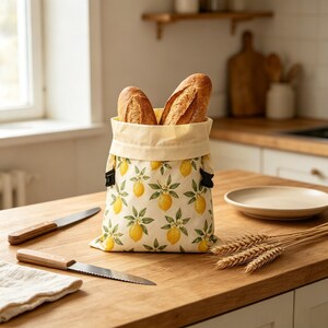 May include: A fabric bread bag with a cream-colored top and a repeating pattern of yellow lemons, green leaves, and white blossoms on a white background. The bag is filled with two crusty baguettes and features black drawstring toggles on the sides.