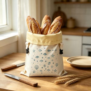 Customized patterns,Linen Bread Bag With Removable Beeswax Liner, Ocean Seashell Print Reusable Bread Storage Bag for Sourdough Baguette