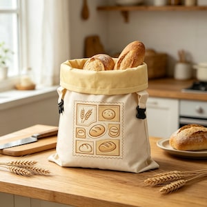 May include: A cream-colored canvas bread bag with a rolled-down yellow interior lining. The front features a brown graphic print of various bread loaves and wheat stalks. Two black plastic side buckles secure the top opening of the fabric bag.