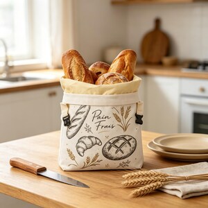 May include: A cream-colored fabric bread bag filled with assorted loaves and rolls. The bag features black line-art illustrations of bread and wheat stalks, with the text "Pain Frais" printed in a script font, and two black side buckles.