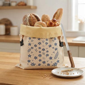 Customized patterns,Blue Floral Linen Bread Bag, Beeswax Liner, Sourdough Storage, Zero Waste Food Keeper