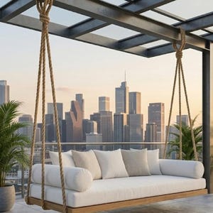 May include: A rectangular hanging daybed with a wooden frame, thick white cushions, and two cylindrical bolster pillows. The daybed is suspended by thick tan ropes from a dark metal pergola structure on a balcony overlooking a city skyline.