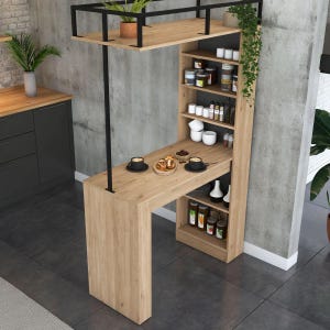 May include: A light oak wood bar table with a black metal frame, featuring an integrated shelving unit with multiple levels for storage. The table surface holds two black coffee cups and a small plate with pastries, while shelves display jars.