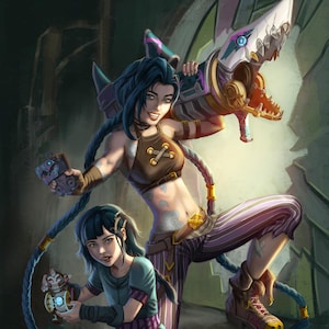 May include: Digital illustration of two characters from a video game. One character is holding a large, shark-shaped weapon. The other character is kneeling and holding a small, mechanical toy. Both characters have blue hair and are smiling.