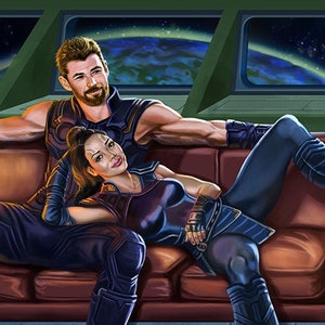May include: A digital illustration of three characters from a science fiction movie. Two characters are sitting on a brown couch in a spaceship. The third character is standing to the right of the couch. The character on the left is wearing a blue and black outfit. The character in the middle is wearing a purple and black outfit. The character on the right is wearing a blue and black outfit. The character on the right is holding a pink stuffed animal.