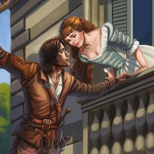 May include: A man in brown clothing climbs a tree to reach a woman on a balcony. The woman is wearing a light blue dress and has long red hair. There are pink roses growing on the balcony.