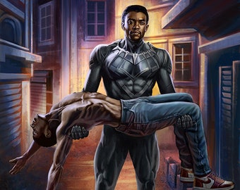 May include: Black Panther, a superhero in a black suit with a panther-like design, carries a man in a blue jean and red sneakers in a dark alley.