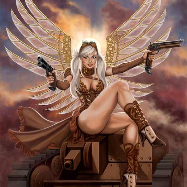 8x10 Signed Steampunk Winged Veronika with Pistols Print by Sandra Chang-Adair