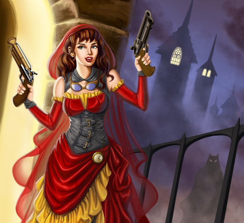 8x10 Signed Steampunk Little Red Riding Hood with Pistols Print image 3