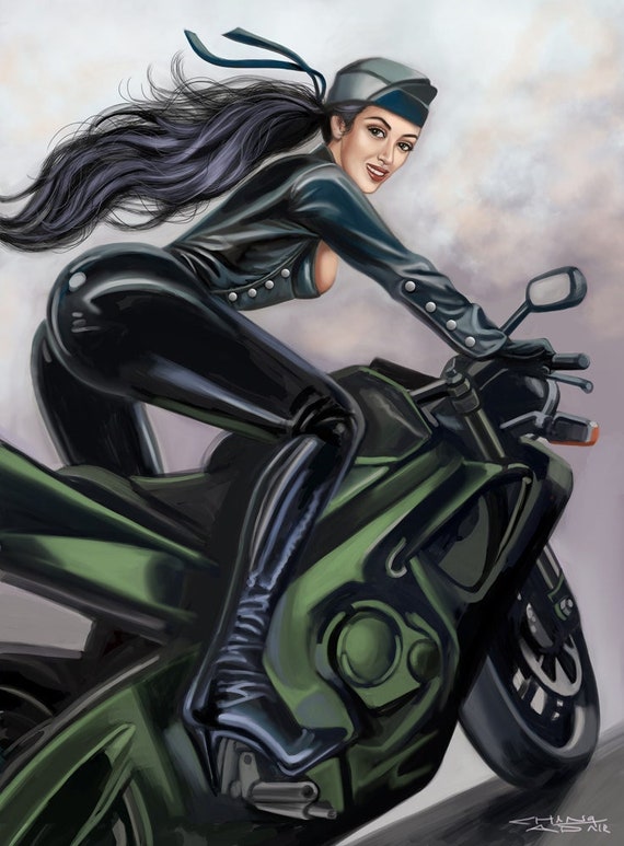 Latex top girl motorcycle
