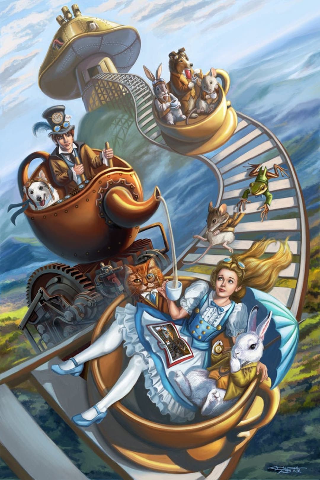 Steampunk Alice in Wonderland Art Print: Mad Hatter Tea Party