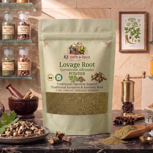 May include: A light green stand-up pouch of KE Herb & Spice Lovage Root powder. The label features the text Lovage Root (Levisticum officinale) POWDER, Traditional Digestion Support, Traditional European & Aromatic Root, and PURE, VIBRANT, ETHICALLY SOURCED.