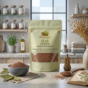 以下が含まれることがあります： KE Herb & Spiceの薄緑色のスタンドパウチ入り亜麻仁。透明な窓から茶色の種子が見える。ラベルには「Flax Seeds (Linum usitatissimum), Aromatic Selections - Cures, Cuisines & Character, Pure, Vibrant, Ethically Sourced」と記載されている。