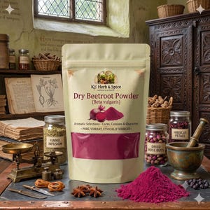 May include: A beige stand-up pouch of KE Herb & Spice Dry Beetroot Powder with a clear window showing deep magenta powder. The label features a beetroot illustration, the text Beta vulgaris, and the phrase Pure, Vibrant, Ethically Sourced.