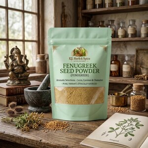 Pode incluir: Uma bolsa vertical verde-clara de pó de sementes de feno-grego KE Herb & Spice com uma janela transparente que mostra o pó bege no interior. O rótulo apresenta o texto Fenugreek Seed Powder, Aromatic Selections e Pure, Vibrant, Ethically Sourced.