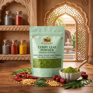 Peut inclure: Un sachet vert clair de poudre de feuilles de curry KE Herb & Spice avec texte, accompagné d'un bol blanc de poudre verte, d'une cuillère en bois, de piments rouges, de soja jaune et de feuilles de curry sur une surface en bois.