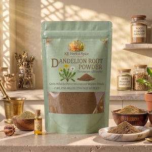 May include: A light green stand-up pouch of KE Herb & Spice Dandelion Root Powder. The label features a dandelion illustration, the text Taraxacum officinale, and the phrases Gently Milled for Potent Infusions and Wellness Rituals and Pure, Fine-Milled, Ethically Sourced.