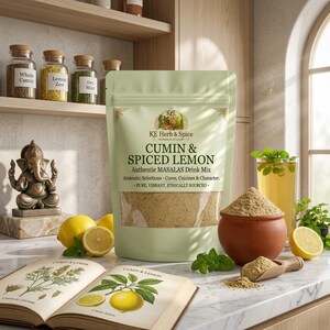 May include: A light green pouch of KE Herb & Spice Cumin & Spiced Lemon drink mix with a clear window. The label reads Cumin & Spiced Lemon, Authentic Masalas Drink Mix, Aromatic Selections, Cures, Cuisines & Character, Pure, Vibrant, Ethically Sourced.
