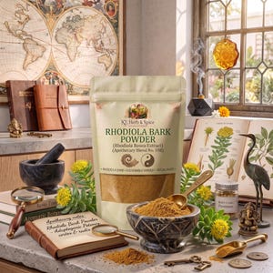 May include: A beige pouch of KE Herb & Spice Rhodiola Bark Powder with a dark marble mortar and pestle containing the powder, a magnifying glass, a small gold scoop, a brass key, and an open botanical book with illustrations of yellow flowers.