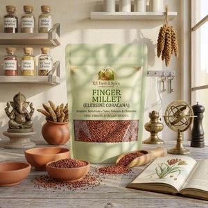 Pode incluir: Uma bolsa vertical verde-clara de milheto (Eleusine Coracana) da KE Herb & Spice, com uma janela transparente que mostra pequenos grãos castanhos. O rótulo inclui o texto Aromatic Selections - Cures, Cuisines & Character - Pure, Vibrant, Ethically Sourced.