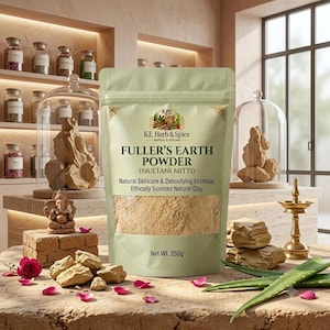 May include: A light green stand-up pouch of KE. Herb & Spice Fuller's Earth Powder (Multani Mitti) with a net weight of 250g. The packaging features text describing a natural skincare and detoxifying formula and ethically sourced natural clay.