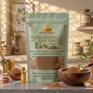 May include: A light green stand-up pouch of KE Herb & Spice Sarsaparilla Root Powder (Smilax ornata). The label features botanical illustrations, text describing the product as pure, fine-milled, and ethically sourced, and a clear window.
