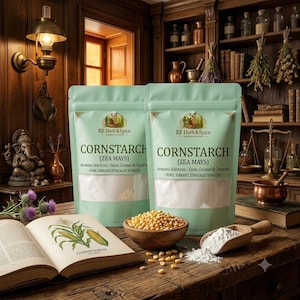 Könnte beinhalten: Zwei hellgrüne Standbeutel mit der Aufschrift KE Herb & Spice Cornstarch (Zea Mays) stehen auf einem Holztisch. Eine Holzschale mit gelben Maiskörnern, eine Holzschaufel mit weißem Pulver und ein offenes Buch mit Maisabbildung sind zu sehen.