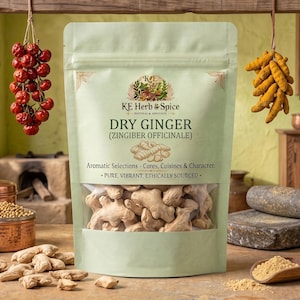 May include: A light green stand-up pouch of KE Herb & Spice Dry Ginger (Zingiber Officinale) with a clear window showing dried ginger pieces. The label text reads Aromatic Selections - Cures, Cuisines & Character and Pure, Vibrant, Ethically Sourced.