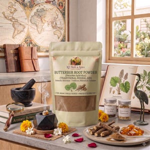 May include: A beige pouch of KE Herb & Spice Butterbur Root Powder featuring botanical illustrations and text. The pouch sits among a black mortar and pestle, a magnifying glass, a black geometric incense burner, dried roots, and amber resin.