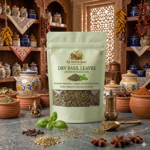Foglie intere di basilico dolce puro, erba aromatica italiana, basilico essiccato in piccole quantità.
