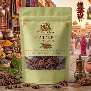 May include: A light green stand-up pouch of KE Herb & Spice Star Anise (Illicium Verum) with a clear window showing dried star-shaped pods. The label features the text Aromatic Selections - Cures, Cuisines & Character and Pure, Vibrant, Ethically Sourced.