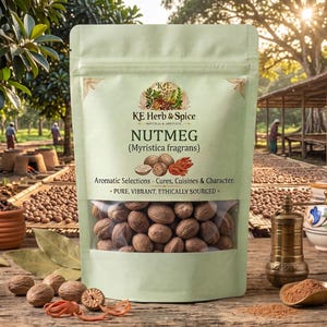 May include: A light green stand-up pouch of KE Herb & Spice Nutmeg (Myristica fragrans) with a clear window showing whole nutmeg seeds. The label features the text Aromatic Selections - Cures, Cuisines & Character and Pure, Vibrant, Ethically Sourced.