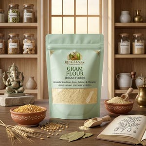 Könnte beinhalten: Ein hellgrüner Standbeutel mit KE Herb & Spice Kichererbsenmehl (Besan Flour) mit einem Sichtfenster, das das beige Pulver zeigt. Das Etikett enthält den Text Aromatic Selections - Cures, Cuisines & Character - Pure, Vibrant, Ethically Sourced.