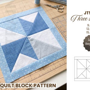 Pode incluir: Um padrão de bloco de colcha quadrado com um design de cata-vento em tons de azul e branco. O bloco inclui tecido branco sólido, azul claro e azul com bolinhas brancas. O texto indica JT5041, três tamanhos: 9,5, 12,5, 15,5 polegadas e nível iniciante.