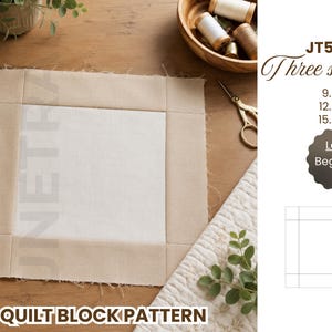 May include: A square quilt block pattern featuring a white center square framed by a beige border. Text includes JT5046, Three sizes, 9.5 inch, 12.5 inch, 15.5 inch, Level Beginner, and QUILT BLOCK PATTERN. A diagram shows the square construction.