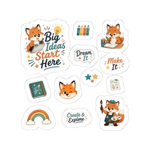 Peut inclure: Une planche d'autocollants avec des renards, des crayons, un arc-en-ciel et des carnets. Le texte inclut Big Ideas Start Here, Dream It, Make It et Create & Explore. Les motifs sont colorés avec des tons orange, bleu et jaune sur fond blanc.