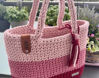 Bolso de mano, bolsa de compras, bolso de compras, tejido a crochet con hilo Bobbiny de primera calidad.