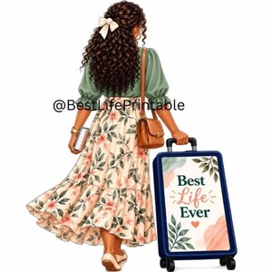 May include: An illustration of a person with long curly brown hair and a white bow, wearing a sage green top and a cream skirt with a floral pattern. The person carries a brown shoulder bag and pulls a blue rolling suitcase labelled Best Life Ever.