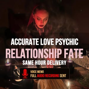 May include: A dark, atmospheric scene featuring a person with dark hair and red lipstick, surrounded by purple candles and smoke. Text reads: ACCURATE LOVE PSYCHIC RELATIONSHIP FATE SAME HOUR DELIVERY. A black box includes a microphone icon and text: VOICE MEMO FULL AUDIO RECORDING SENT.