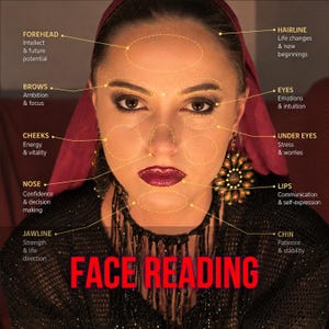 May include: A face reading chart featuring a person with dark hair and a maroon head covering. The image includes yellow dashed circles and lines pointing to facial features with text labels like Forehead, Brows, Eyes, Cheeks, Nose, Lips, Jawline, and Chin.