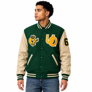 Chaqueta universitaria estilo Oregon de 1967 / Chaqueta Letterman de lana y cuero verde / Bomber universitaria vintage / Chaqueta unisex personalizada