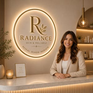 Op de afbeelding: Een rond wandbord met gouden letters met de tekst RADIANCE SKIN & WELLNESS, REVEAL, RENEW, RADIATE en een blaadje. Het bord is warm verlicht. Een klein ingelijst bordje op de balie bevat de tekst YOUR GLOW IS OUR PASSION.